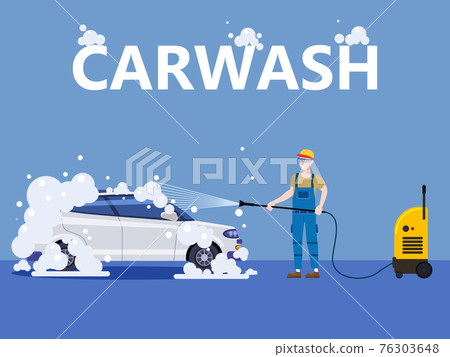 Car Wash center station. Auto Service man worker washing, clean car, foam bubbles. Vector illustration isolated 76303648