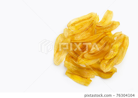 Banana slice chips on white background. Banana slice chips on white background. 76304104