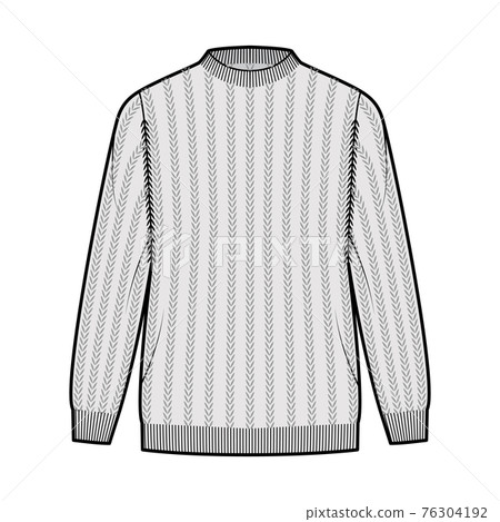 Ribbed Sweater technical fashion illustration with rib crew neck, long sleeves, oversized, hip length, knit cuff trim 76304192