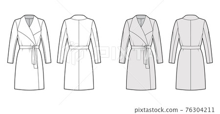 Wrap coat technical fashion illustration with tie, long sleeves, shawl lapel collar, oversized body, knee length. Flat Wrap coat technical fashion illustration with tie, long sleeves, shawl lapel collar, oversized body, knee length. Flat 76304211
