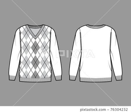 Argyle Sweater technical fashion illustration with rib V- neck, long sleeves, oversize, fingertip length, knit cuff trim Argyle Sweater technical fashion illustration with rib V- neck, long sleeves, oversize, fingertip length, knit cuff trim 76304232
