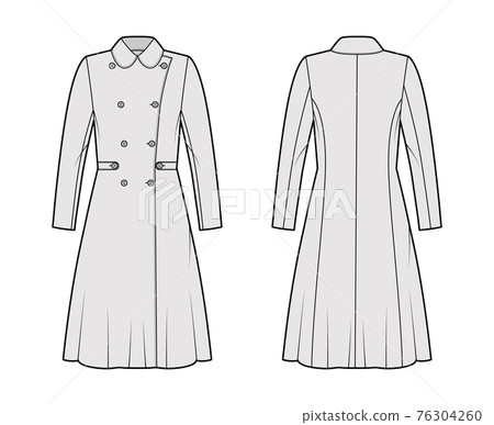 Skating coat technical fashion illustration with tabs, double breasted, long sleeves, round collar, A-line silhouette Skating coat technical fashion illustration with tabs, double breasted, long sleeves, round collar, A-line silhouette 76304260
