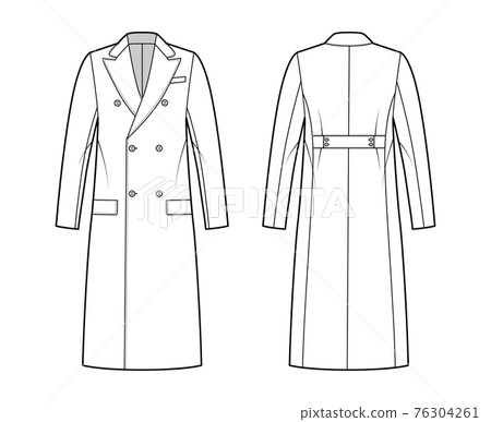 Guards coat technical fashion illustration with double breasted, midi length, round collar peak, flap pockets, half belt Guards coat technical fashion illustration with double breasted, midi length, round collar peak, flap pockets, half belt 76304261