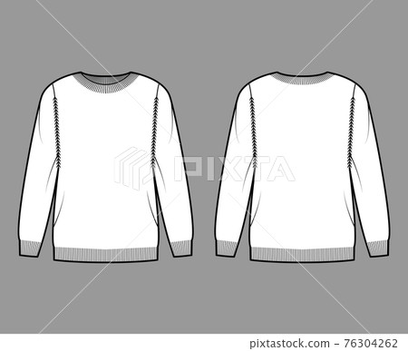 Sweater technical fashion illustration with rib crew neck, long sleeves, oversized, thigh length, knit cuff trim. Flat Sweater technical fashion illustration with rib crew neck, long sleeves, oversized, thigh length, knit cuff trim. Flat 76304262