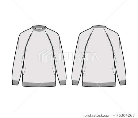 Fisherman Sweater technical fashion illustration with rib crewneck, long raglan sleeves, oversize, hip length, knit trim Fisherman Sweater technical fashion illustration with rib crewneck, long raglan sleeves, oversize, hip length, knit trim 76304263
