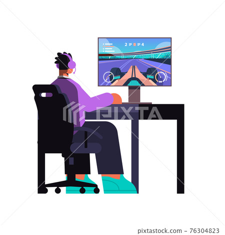 professional virtual gamer playing in online video game on his personal computer 76304823