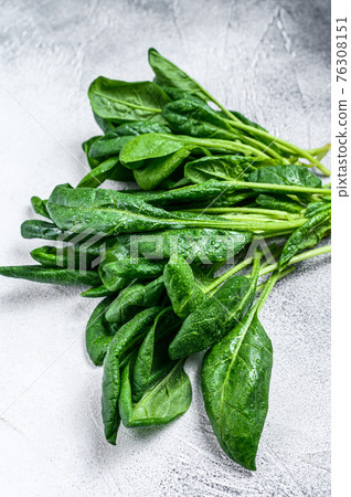 Raw fresh spinach leaves on a stone table. White background. Top view Raw fresh spinach leaves on a stone table. White background. Top view 76308151