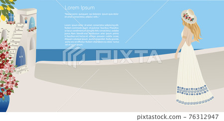 Travel concept. Girl tourist in the old town on the coast abstract place, village in Santorini, Spain, Greece and Italy. Banner, template for a website with text. Travel Vector illustrations and Travel concept. Girl tourist in the old town on the coast abstract place, village in Santorini, Spain, Greece and Italy. Banner, template for a website with text. Travel Vector illustrations and 76312947