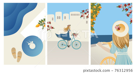 Vector Set Summer vacation theme and inspiration. Beautiful girl tourist and abstract place, village in Santorini, Spain, Greece and Italy. Travel Vector illustrations and design Vector Set Summer vacation theme and inspiration. Beautiful girl tourist and abstract place, village in Santorini, Spain, Greece and Italy. Travel Vector illustrations and design 76312956