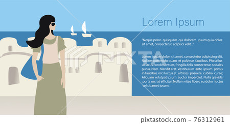 Travel concept. Girl tourist in the old town on the coast abstract place, village in Santorini, Spain, Greece and Italy. Banner, template for a website with text. Travel Vector illustrations and Travel concept. Girl tourist in the old town on the coast abstract place, village in Santorini, Spain, Greece and Italy. Banner, template for a website with text. Travel Vector illustrations and 76312961
