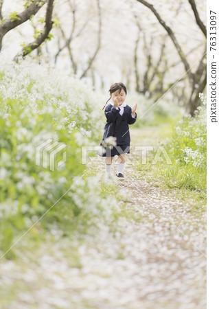 沿著一排櫻花樹奔跑的幼兒園兒童 76313097