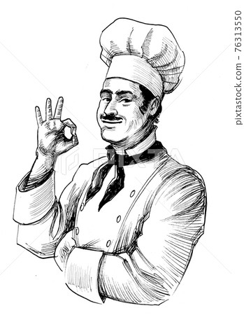 Happy chef showing okay sign. Ink black and white drawing Happy chef showing okay sign. Ink black and white drawing 76313550