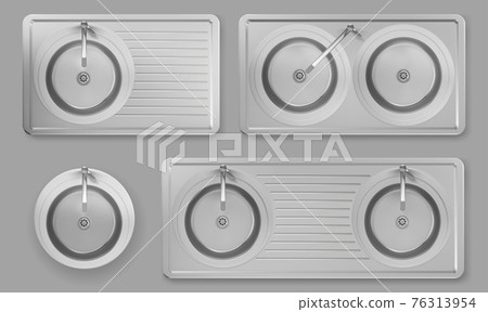 Stainless kitchen sinks with taps in top view 76313954