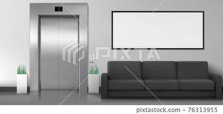 Office lobby with elevator, sofa and white poster Office lobby with elevator, sofa and white poster 76313955