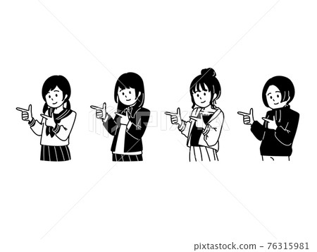 一組 4 名女學生指著一邊 一組 4 名女學生指著一邊 76315981