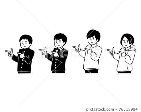 A set of 4 male students pointing to the side 76315984