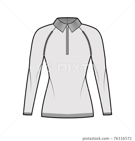 Zip-up Sweater technical fashion illustration with rib henley neck, long raglan sleeves, fitted body, hip length 76316572