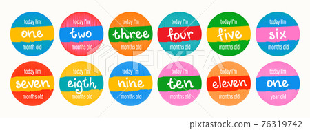 Set of vector lettering stickers today I'm 1, 2, 3, 4, 5, 6, 7, 8, 9, 10, 11, 12 months old. Happy birthday greeting card for baby under one year old. Colored handwritten illustrations. Set of vector lettering stickers today I'm 1, 2, 3, 4, 5, 6, 7, 8, 9, 10, 11, 12 months old. Happy birthday greeting card for baby under one year old. Colored handwritten illustrations. 76319742