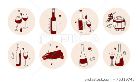 Highlights covers, posts and stories for social media. Round icons of red wine wine bottle, wine glasses, wine barrel, corkscrew. Vector flat cute illustrations for wine shop or winery. Highlights covers, posts and stories for social media. Round icons of red wine wine bottle, wine glasses, wine barrel, corkscrew. Vector flat cute illustrations for wine shop or winery. 76319743