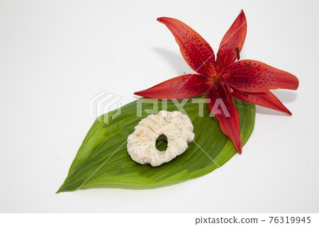 Aromatherapy organic concept with red lily, green leaf and stone on white Aromatherapy organic concept with red lily, green leaf and stone on white 76319945