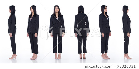 Asian Woman black hair stand 360 turn rear side back view isoalted 76320331