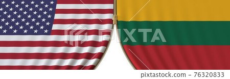 Flags of United States and Lithuania and closing or opening zipper between them. Political negotiations or interaction conceptual 3D rendering Flags of United States and Lithuania and closing or opening zipper between them. Political negotiations or interaction conceptual 3D rendering 76320833