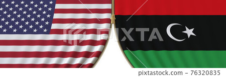 Flags of United States and Libya and closing or opening zipper between them. Political negotiations or interaction conceptual 3D rendering Flags of United States and Libya and closing or opening zipper between them. Political negotiations or interaction conceptual 3D rendering 76320835