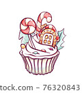 New Year sweets, cupcake with holiday decorations, gingerbread house and lollipops, delicious muffin. 76320843