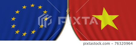 EU and Vietnam political cooperation or conflict, flags and closing or opening zipper, conceptual 3D rendering 76320964