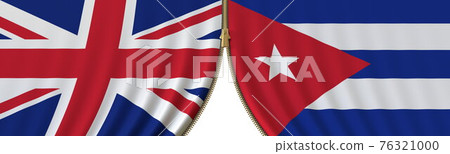 the United Kingdom and Cuba political cooperation or conflict, flags and closing or opening zipper, conceptual 3D rendering the United Kingdom and Cuba political cooperation or conflict, flags and closing or opening zipper, conceptual 3D rendering 76321000