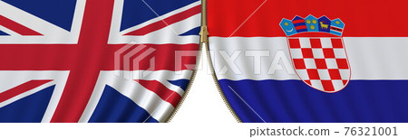 Flags of the United Kingdom and Croatia and closing or opening zipper between them. Political negotiations or interaction conceptual 3D rendering 76321001