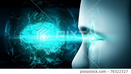 Robot humanoid face close up with graphic concept of AI thinking brain Robot humanoid face close up with graphic concept of AI thinking brain 76322327