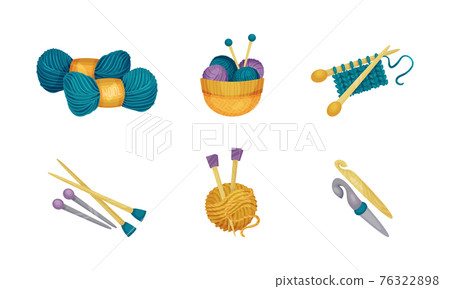 Crewel or Wool Balls and Knitting Needle or Knitting Pin as Needlework Vector Set 76322898