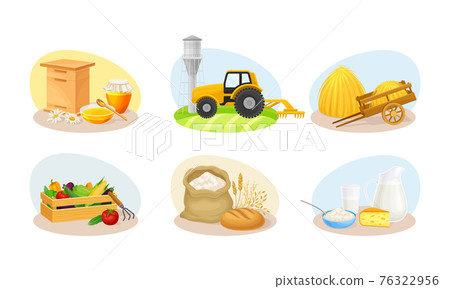 Farming Composition with Agricultural Crops and Farming Inventory Vector Set 76322956
