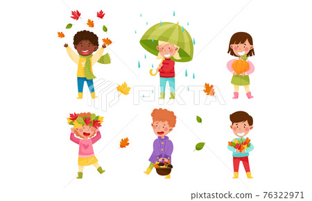 Children Characters Walking with Umbrella, Throwing Autumn Leaves and Picking Mushrooms Vector Illustration Set Children Characters Walking with Umbrella, Throwing Autumn Leaves and Picking Mushrooms Vector Illustration Set 76322971