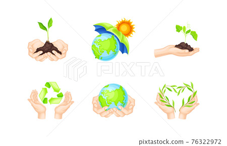 Hands Protecting Earth and Eco System Holding Tender Green Sapling and Globe with Palms Vector Illustration Set Hands Protecting Earth and Eco System Holding Tender Green Sapling and Globe with Palms Vector Illustration Set 76322972
