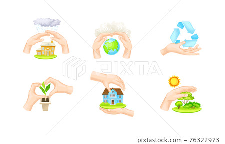 Hands Protecting Earth and Eco System Covering Green Vegetation and Globe with Palms Vector Illustration Set Hands Protecting Earth and Eco System Covering Green Vegetation and Globe with Palms Vector Illustration Set 76322973