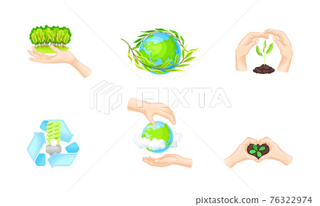 Hands Protecting Earth and Eco System Covering Green Sapling and Globe with Palms Vector Illustration Set. Hands Protecting Earth and Eco System Covering Green Sapling and Globe with Palms Vector Illustration Set. 76322974