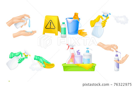 Bacterial Purification and Disinfection with Detergent and Disinfectant in Dispenser Bottle and Hand Using Aerosol Spray Vector Set Bacterial Purification and Disinfection with Detergent and Disinfectant in Dispenser Bottle and Hand Using Aerosol Spray Vector Set 76322975