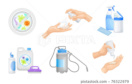 Bacterial Purification and Disinfection with Detergent and Disinfectant in Dispenser Bottle and Hand Using Aerosol Spray Vector Set Bacterial Purification and Disinfection with Detergent and Disinfectant in Dispenser Bottle and Hand Using Aerosol Spray Vector Set 76322979