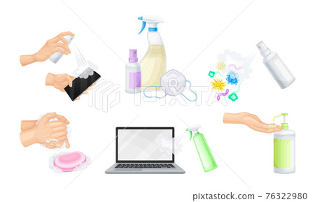 Bacterial Purification and Disinfection with Detergent and Disinfectant in Dispenser Bottle and Hand Using Aerosol Spray Vector Set Bacterial Purification and Disinfection with Detergent and Disinfectant in Dispenser Bottle and Hand Using Aerosol Spray Vector Set 76322980