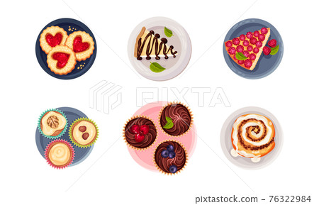 Desserts with Cupcake, Cinnamon Bun and Cheesecake Served on Plate Vector Set 76322984