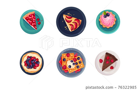 Desserts with Gaufre or Waffle, Tartlet and Cake Served on Plate Vector Set 76322985