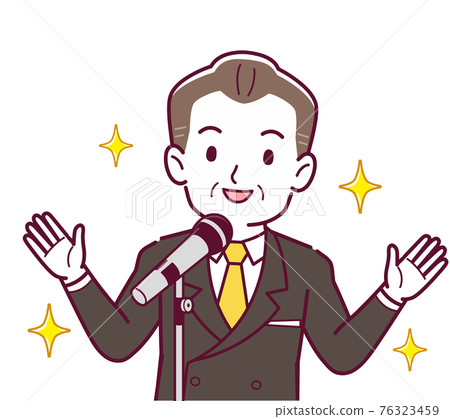 Man giving a microphone speech Man giving a microphone speech 76323459