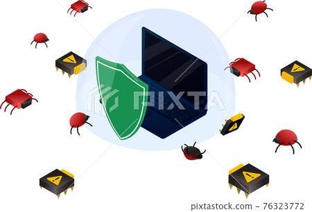 Laptop in glass dome and computer bugs and viruses Laptop in glass dome and computer bugs and viruses 76323772