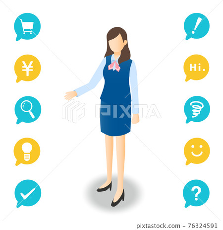 Isometric illustration Female office worker with one hand open With balloon icon Isometric illustration Female office worker with one hand open With balloon icon 76324591