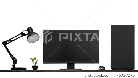 black lamp and laptop stand on desk black lamp and laptop stand on desk 76327279