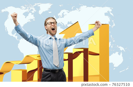 happy businessman trader winner, on diagram and world map background happy businessman trader winner, on diagram and world map background 76327510