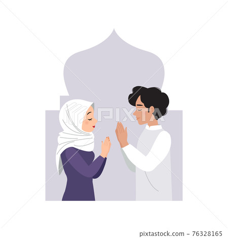 Man and woman greet each other and celebrate Eid Mubarak together. Flat vector cartoon design Man and woman greet each other and celebrate Eid Mubarak together. Flat vector cartoon design 76328165