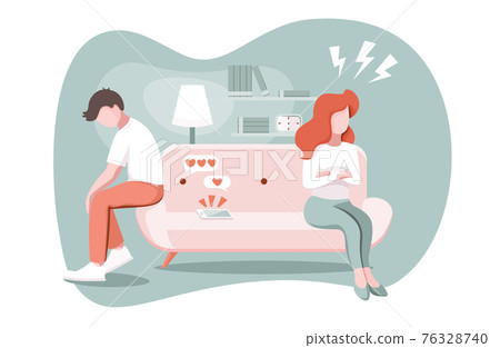 Divorce, breakup, ignore concept. Married couple argument, man and woman in a quarrel and misunderstanding, ignore each other in apartment. Suspicion of treason. vector illustration 76328740
